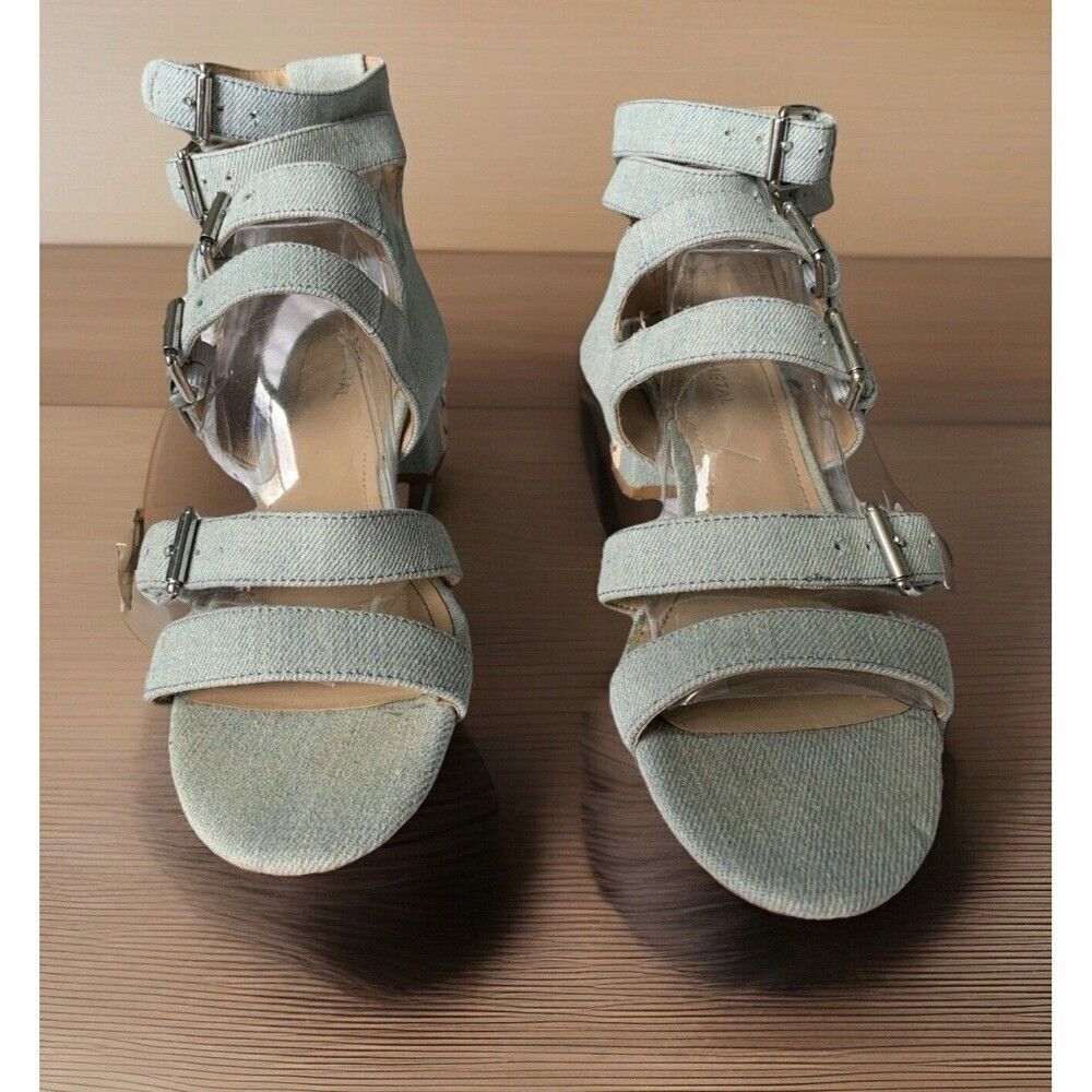 GUN METAL Denim Blue Shoes‎ Embroidered Heels 8M Ankle Strap Buckles Sandals